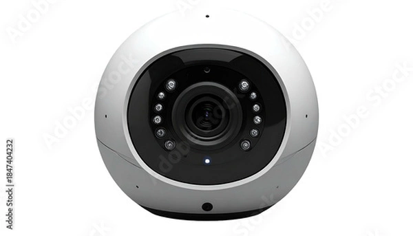 Obraz White spherical camera with visible lens and LED lights