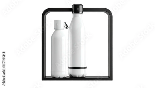 Obraz Two white water bottles in a black square stand against a black background