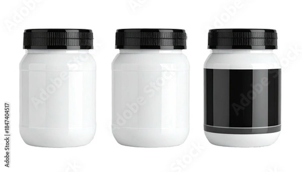 Obraz Three identical white jars with black lids, one with a black label