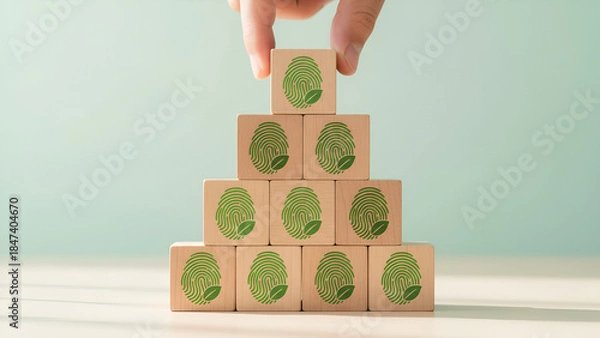 Fototapeta Sustainable Growth and Green Icons: Stacked Blocks with Leaf Symbols and Hand Placement