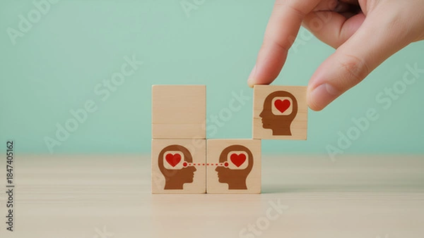 Fototapeta Healthcare/Wellness-Inspired Growth Icons: Stacked Blocks with Heart Symbols and Hand Placement