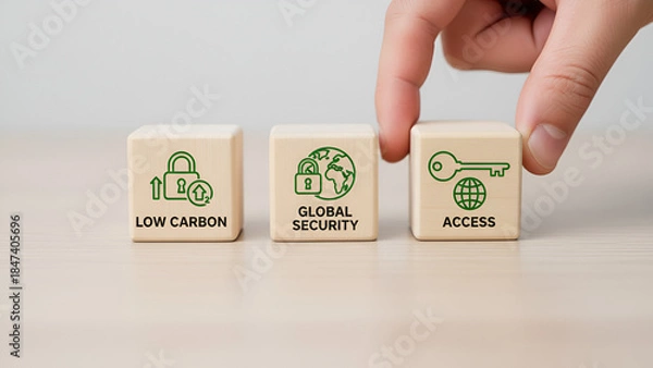 Fototapeta “Sustainable Business Icons: Low Carbon, Global Reach, and Accessibility (Set of 49 Blocks)”
