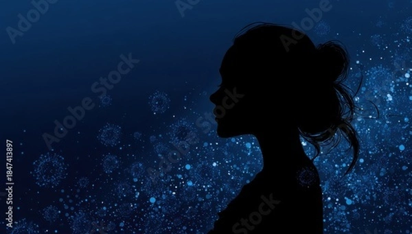 Obraz silhouette of a woman in profile against a dark blue background, with numerous coronavirus particles floating around her.
