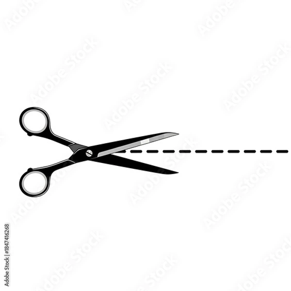 Fototapeta Black Scissors Cutting Dashed Line on White Background