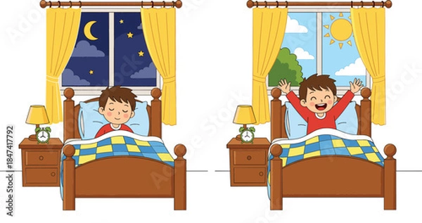 Fototapeta Cartoon boy sleeping in bed at night and waking up happy in the morning for daily routine, healthy sleep habits, and education.