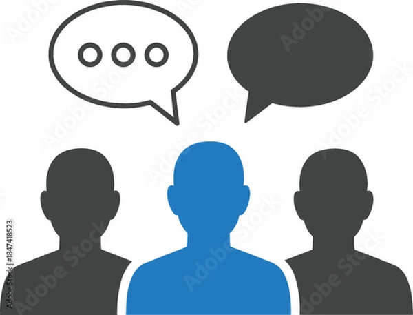 Fototapeta Blue leader silhouette standing with team group and speech bubbles for business communication, social media networking, and collaborative discussion concept