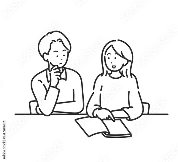 Fototapeta 家計について話し合う30代夫婦のイラスト　線画のみ