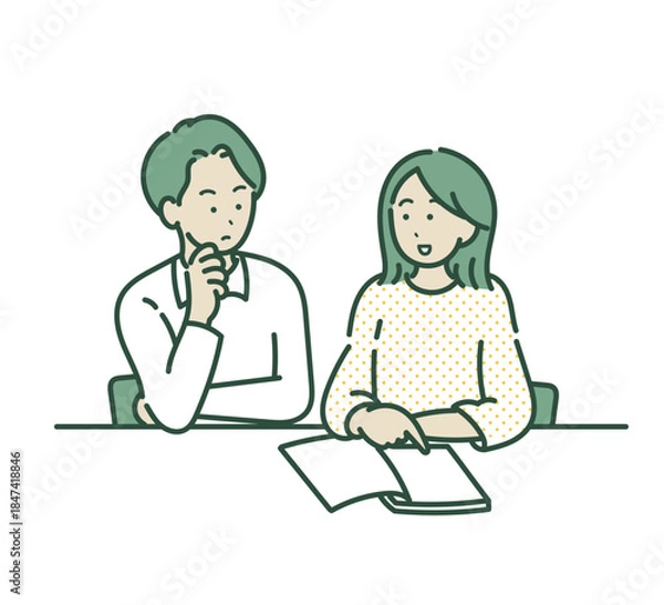 Fototapeta 家計について話し合う30代夫婦のイラスト