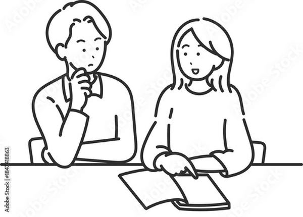 Fototapeta 家計について話し合う30代夫婦のイラスト　線画のみ