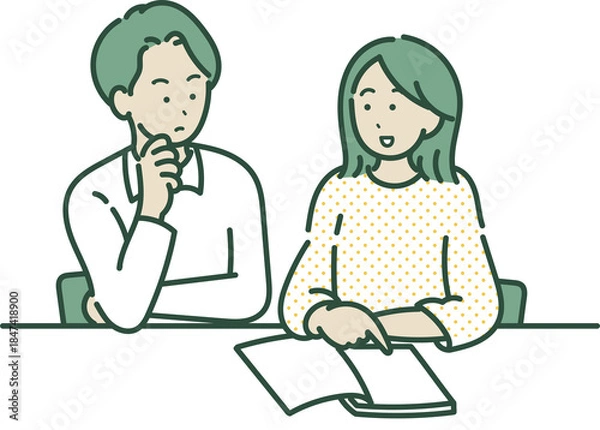 Fototapeta 家計について話し合う30代夫婦のイラスト