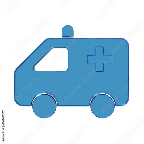 Obraz 救急車のフラットなアイコンの3Dイラスト。透明感のある青いグラスモーフィズムなマーク2。ビジネスやUIに適した透明感のあるアイコン