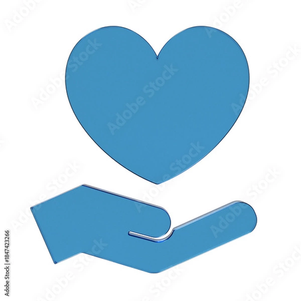 Obraz 手でハートを支えるフラットなアイコンの3Dイラスト。透明感のある青いグラスモーフィズムなマーク2。ビジネスやUIに適した透明感のあるアイコン