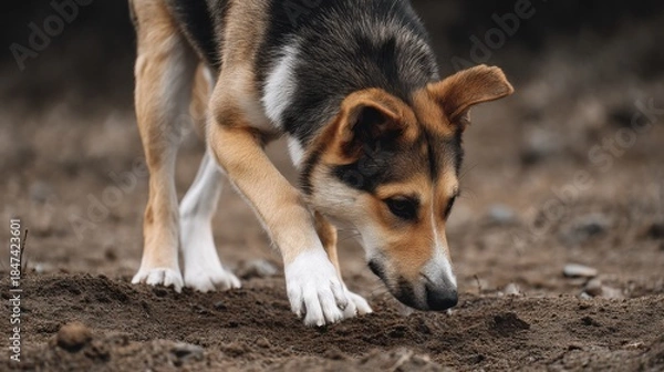 Fototapeta Curious Dog Exploring the Ground in Natural Outdoor Environment