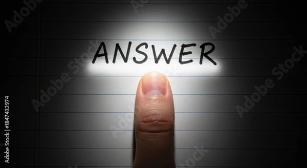 Fototapeta Finger pressing answer button on illuminated surface, decision making concept with human touch selecting solution, choice, response, problem solving idea
