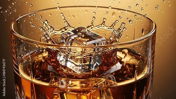 Fototapeta "Dramatic Splash of an Ice Cube into a Glass of Golden Whiskey"