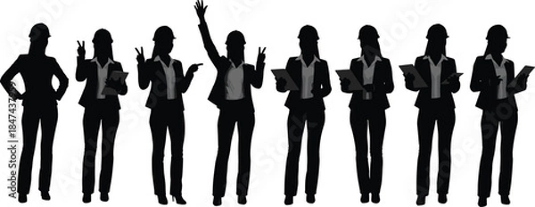 Fototapeta Silhouettes of engineers and business professionals in hard hats, posing with documents and gestures, ideal for construction and technical themes.