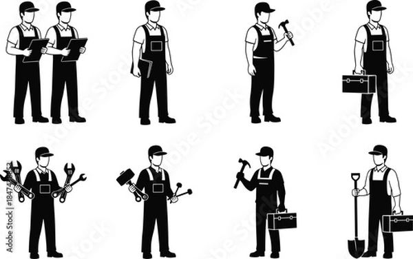 Fototapeta Vector illustration of diverse male workers in overalls holding tools, toolbox, hammer, wrench, clipboard, shovel, pliers, mallet, gear