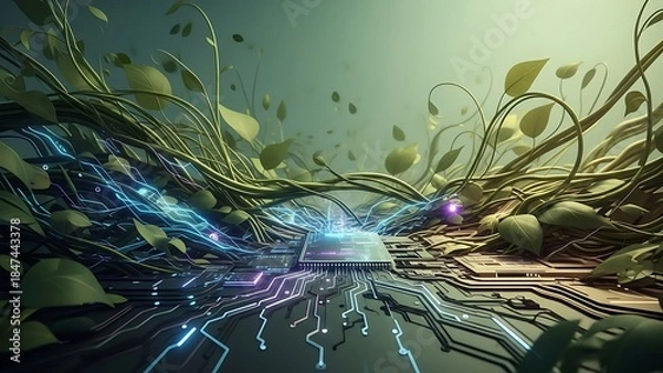 Obraz Neural network architecture with glowing circuits and microchips.