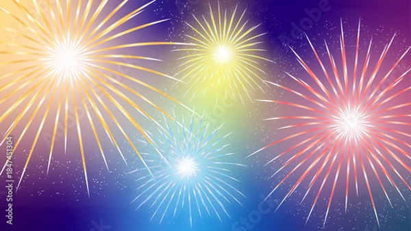 Obraz グラデーションの夜空に咲くカラフルな花火背景イラスト