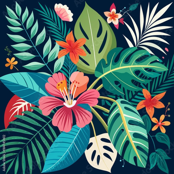 Obraz Vibrant Tropical Flowers and Leaves Botanical Vector Illustration