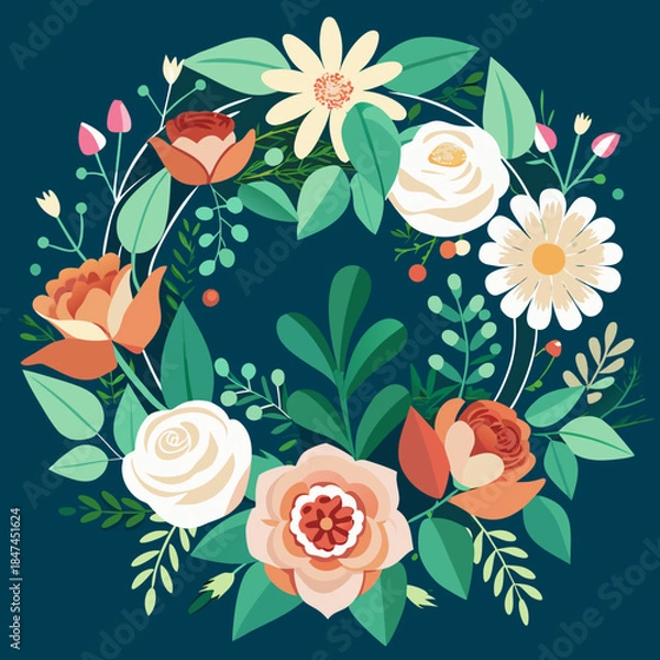 Obraz Elegant Floral Wreath with Roses on Dark Background Vector