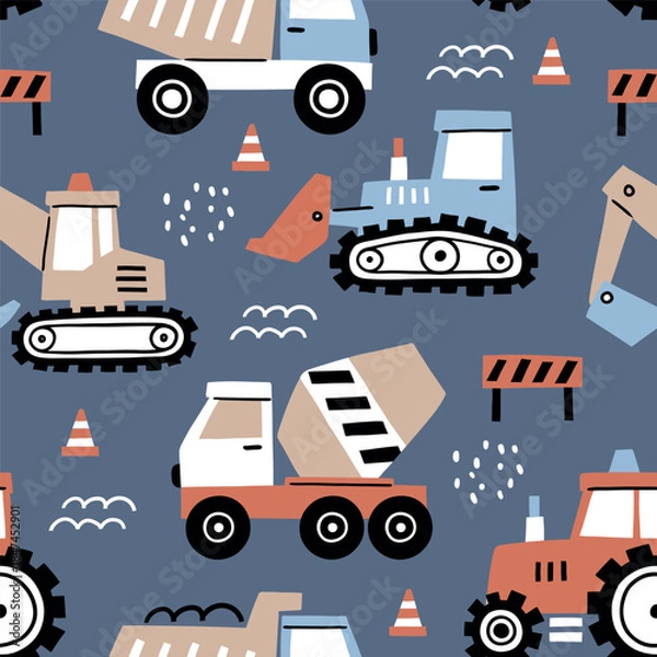 Obraz Seamless vector pattern with hand drawn cute construction trucks. 