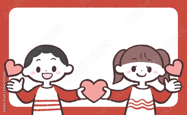 Fototapeta 子供達がハートを持つ赤いフレームイラスト