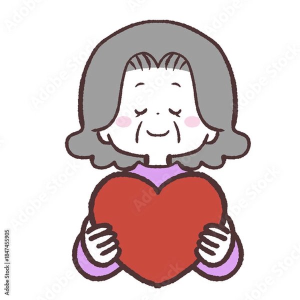 Fototapeta ハートを持って目を伏せるシニア女性のイラスト
