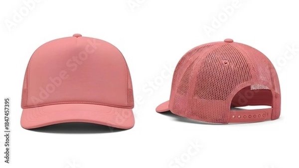 Fototapeta red pastel color trucker cap mockup, front and half side view with white background