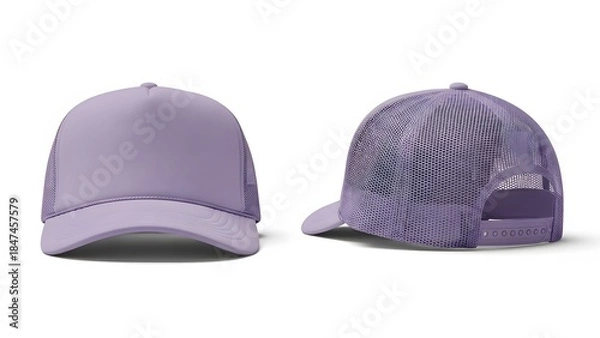 Fototapeta purple pastel color trucker cap mockup, front and half side view, white background