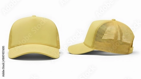 Fototapeta yellow pastel color trucker cap mockup, front and side view with white background