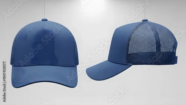 Fototapeta blue color trucker cap mockup, front and side view and hanging studio photos