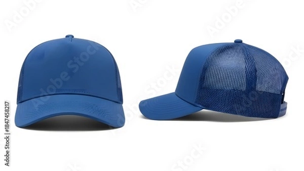 Fototapeta blue color trucker cap mockup, front and side view, isolated on white background