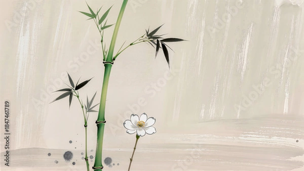 Obraz Bamboo and white flower in oriental ink painting style (Sumi-e), zen background.
