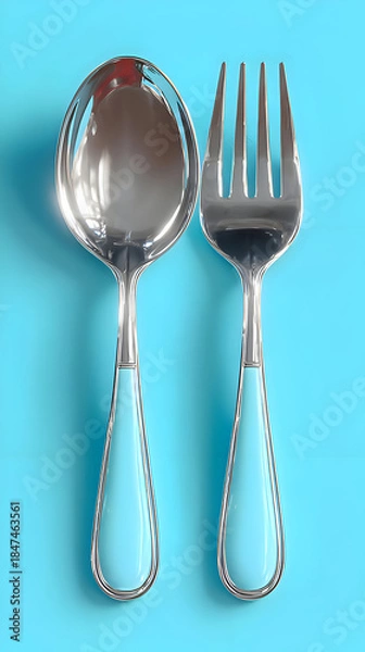 Obraz Shiny Silver Fork and Spoon on Light Blue Background