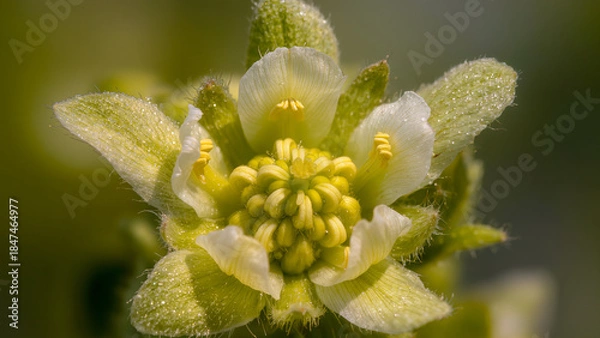 Obraz Macro shot of a small light green flower with detailed stamens.