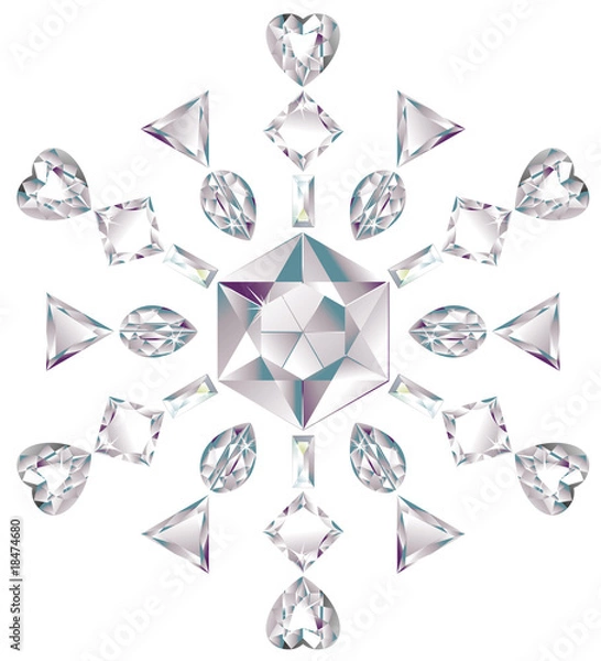 Obraz Snowflake made from different cut diamonds isolated on white