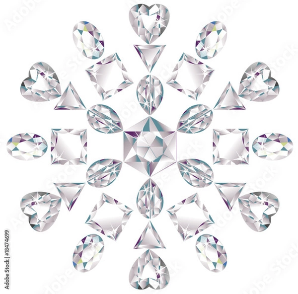 Obraz Snowflake made from different cut diamonds isolated on white