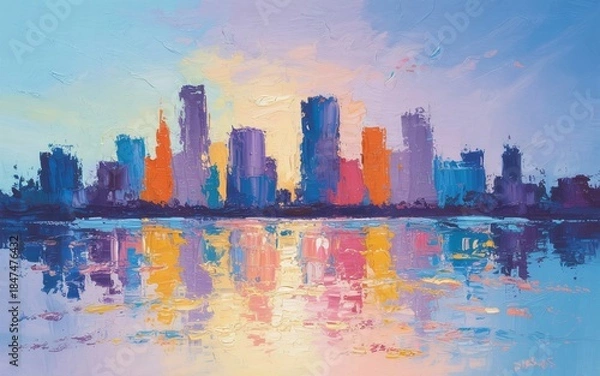 Obraz This artwork features a colorful, abstract interpretation of a city skyline reflected in a body of water. 