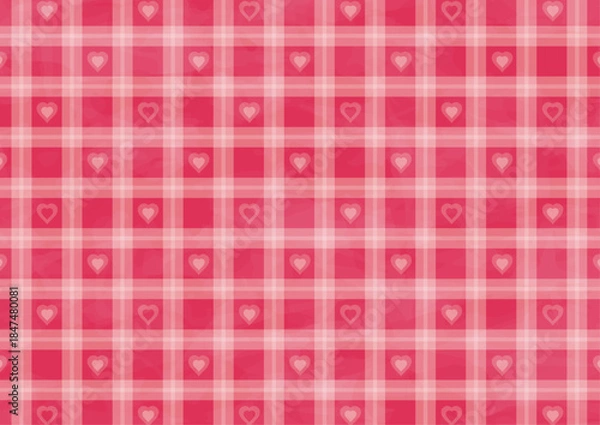 Obraz 水彩風の可愛いハートとチェック柄の壁紙イラスト
