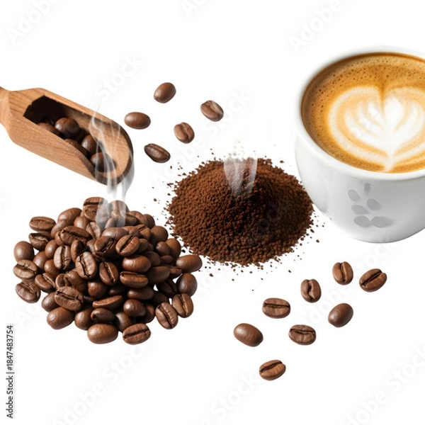 Obraz Coffee beans, powder, and a cup latte art
