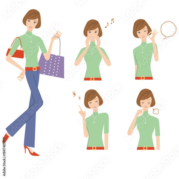 Obraz 半袖とズボンの洋服を着て買い物をする女性と上半身で色々なポーズ