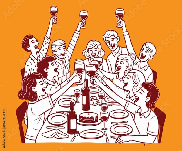 Obraz Bold Two-Color Vector: Group Dinner Celebration and Toast