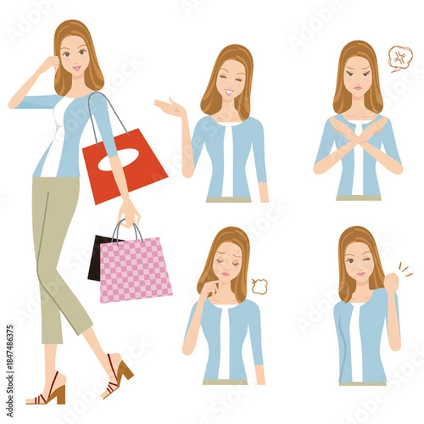 Obraz 長袖とズボンの洋服を着て買い物をする女性と上半身で色々なポーズ