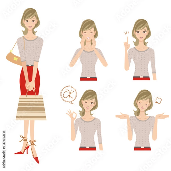 Obraz おしゃれ着で買い物をする女性と上半身で色々なポーズ