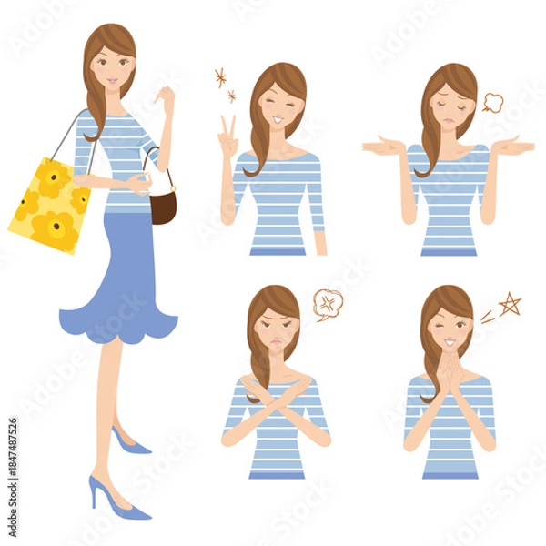 Obraz ボーダーの洋服を着て買い物をする女性と上半身で色々なポーズ