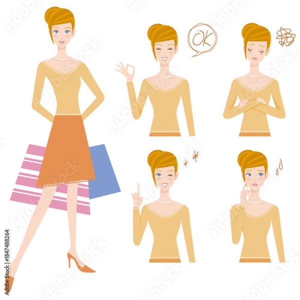 Obraz 長袖を着て買い物をする女性と上半身で色々なポーズ