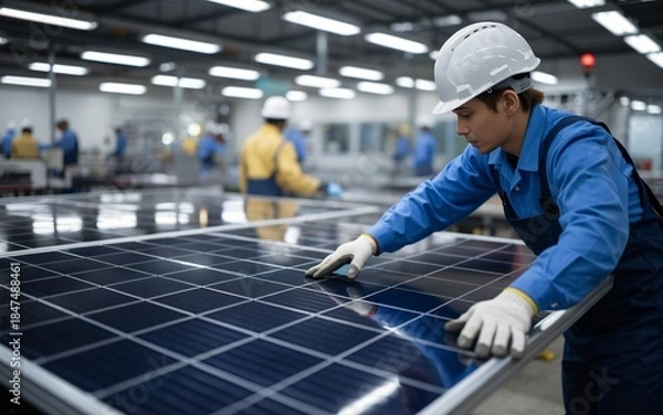 Obraz Skilled technicians work diligently inside a high-tech manufacturing facility dedicated to renewable energy. 