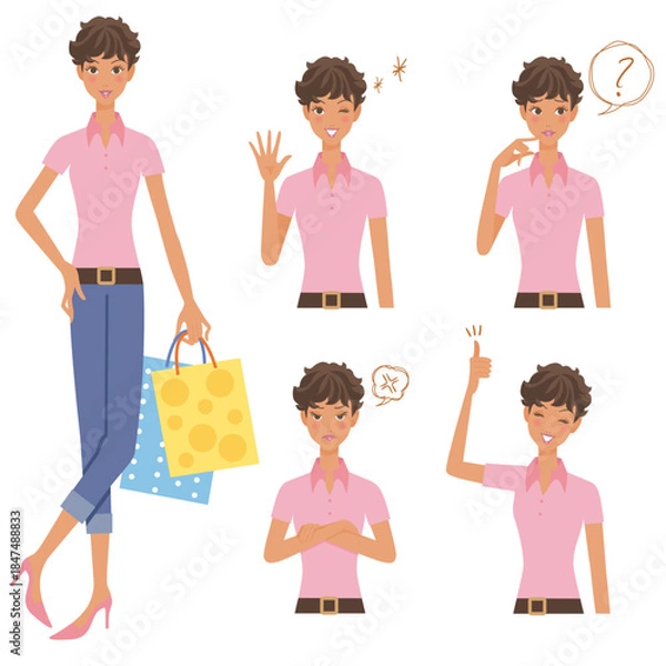 Obraz 襟付きの半袖を着て買い物をする女性と上半身で色々なポーズ