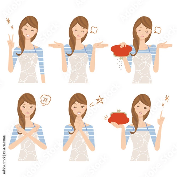 Obraz 上半身の主婦の色々な顔の表情とポーズ